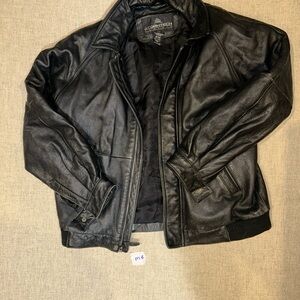 Men's Black Leather Bomber Jacket with Ribbed Hem